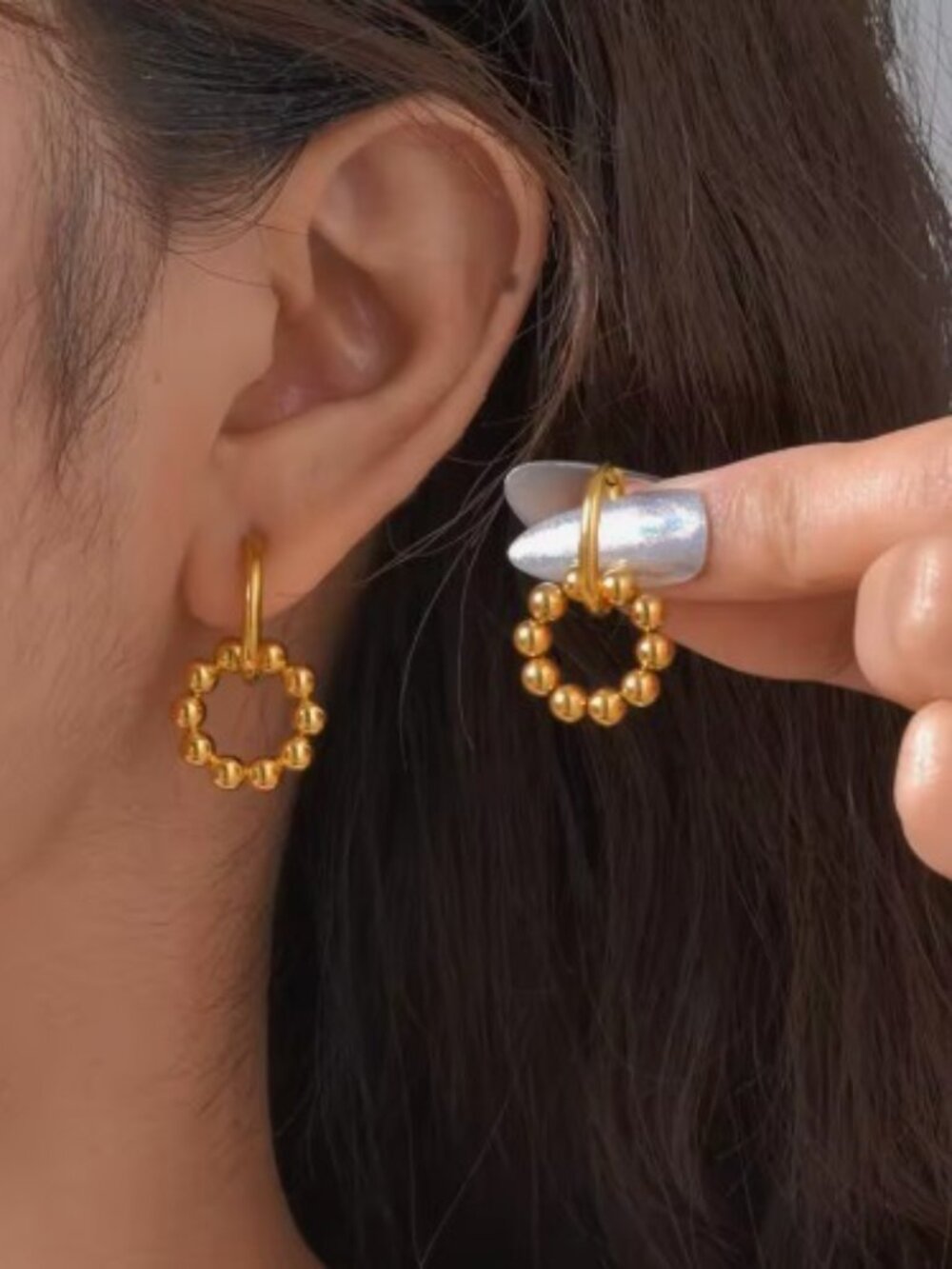 Gold Stainless Steel Beaded Hoop Earrings Dangle Huggies